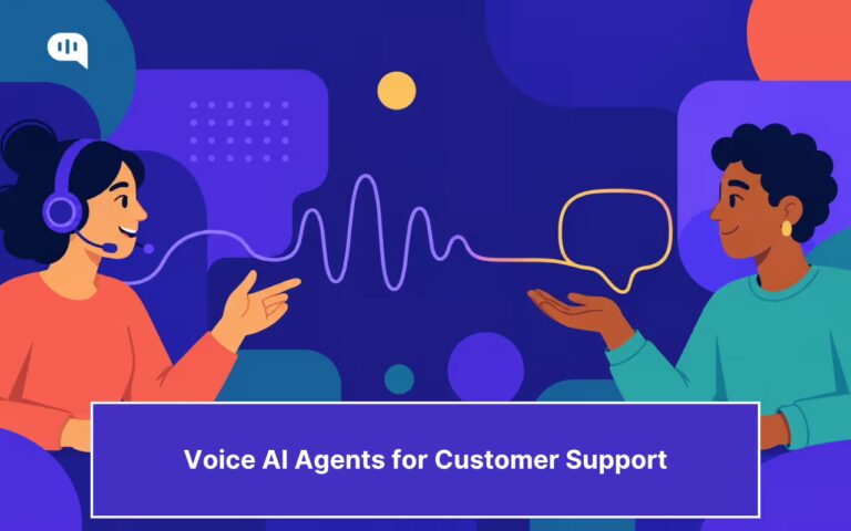 Two support professionals connected by a continuous waveform that transforms into a speech bubble, representing seamless context transfer between agents.