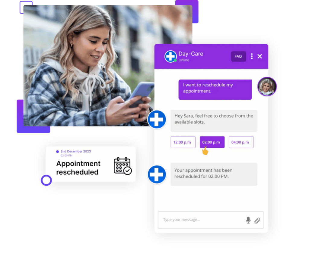 AI agent rescheduling an appointment Kommunicate AI agent rescheduling a customer's day-care appointment through chat, showing available time slots and a confirmation message