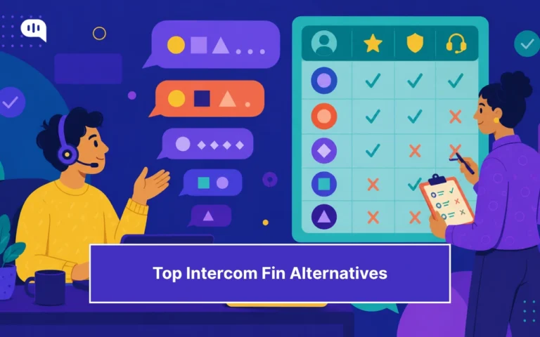 Two support team members comparing AI agent responses on a scorecard, titled "Top Intercom Fin Alternatives"
