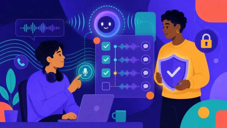 Illustration of a CX professional evaluating a Voice AI Agent through audio waveforms, call flows, and voice interactions while a security professional reviews compliance with a shield and padlock.