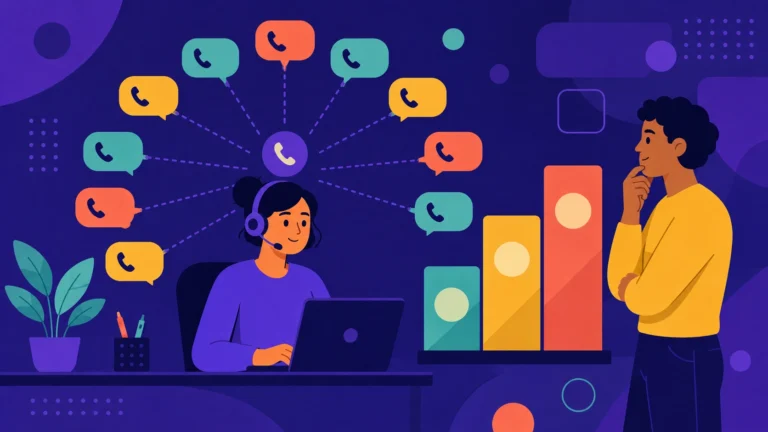 Flat illustration of an AI voice agent handling ten simultaneous calls beside rising cost bars an evaluator reviews