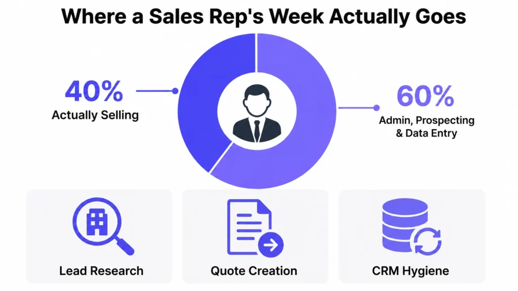 Donut chart showing sales reps spend 40% of their week selling and 60% on admin, prospecting, and data entry.