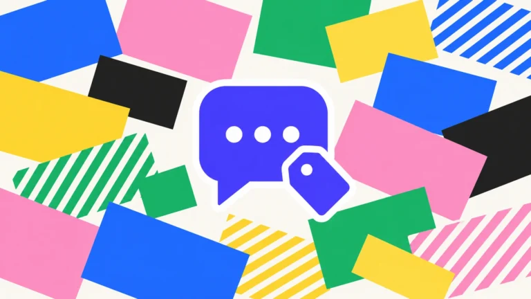 Flat 2D illustration of a deep indigo chat bubble with three dots and a small price tag attached to its corner, centered against a colorful mosaic background of scattered solid and striped rectangular blocks in blue, pink, green, yellow, and black on a light cream background, symbolizing choosing live chat software for small business by pricing and fit rather than features alone.
