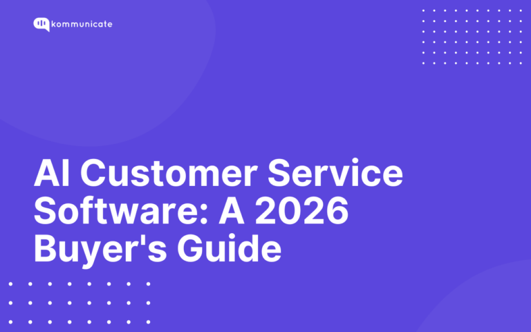 AI Customer Service Software: A 2026 Buyer’s Guide Featured image cover slide titled “AI Customer Service Software: A 2026 Buyer’s Guide,” with the Kommunicate logo in the upper-left corner and decorative white dot patterns in the upper-right and lower-left corners.
