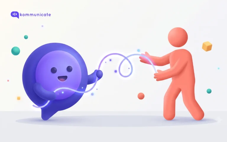 3D illustration of a smiling, rounded indigo and violet chat-bubble character on the left, holding one end of a glowing, looping cord that arcs across the frame to a coral-colored human silhouette on the right, who reaches out with both hands to receive it, symbolizing an AI agent handing off a customer conversation to a human support agent. Small floating accent shapes in teal, yellow, and pink are scattered across a light cream background, with a soft shadow beneath both figures and the Kommunicate logo in the top left corner.