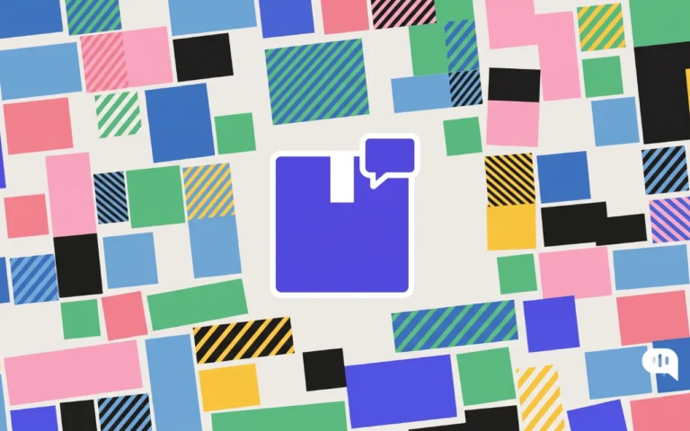 Abstract ecommerce customer service illustration with colorful geometric blocks surrounding a central chat support icon