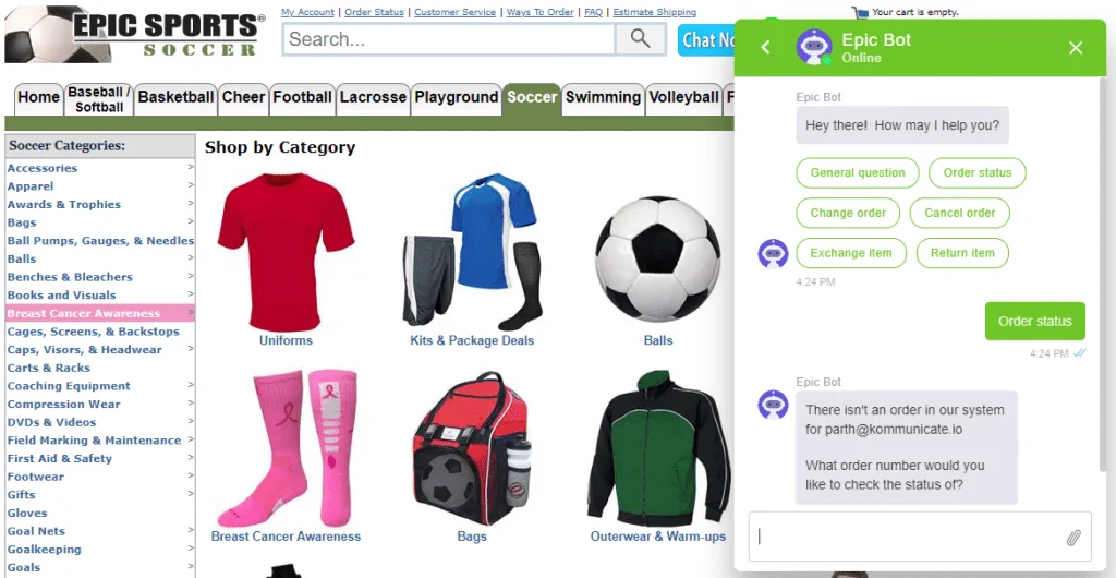 Epic Sports ecommerce website with a Kommunicate customer support chatbot open for shopper assistance