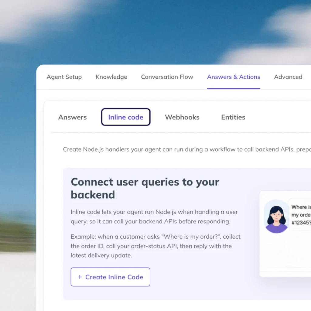 Kommunicate Agent Builder Answers & Actions tab showing the Inline Code panel, where users can create Node.js handlers to connect user queries to backend APIs.