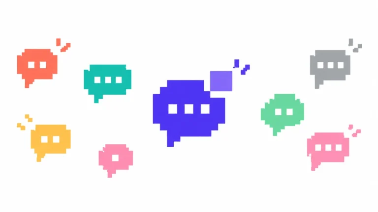 Pixel-art chat bubbles in multiple colors surrounding a larger indigo chat bubble, representing comparison between different customer support tools.