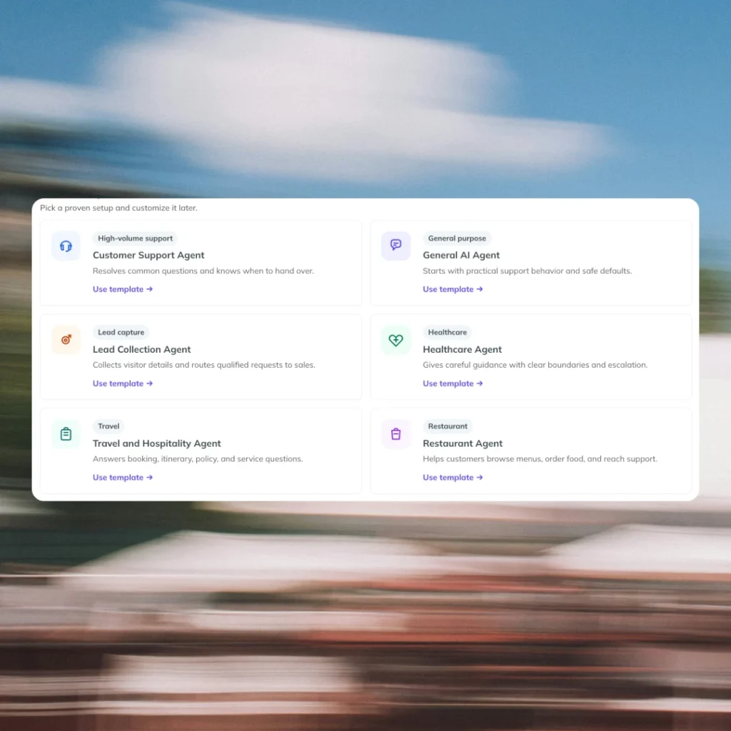 Kommunicate AI Agent Templates picker showing six industry-specific options — Customer Support, General AI, Lead Collection, Healthcare, Travel and Hospitality, and Restaurant Agent — each with a 'Use template' link.