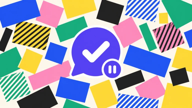 Flat 2D illustration of a deep indigo chat bubble with a bold white checkmark and a small round pause badge on its bottom corner, centered against a colorful mosaic background of scattered solid and striped rectangular blocks in blue, pink, green, yellow, and black on a light cream background, symbolizing chatbot automation that handles the right support conversations and knows where to stop.
