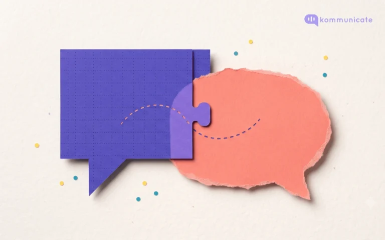 Paper-cut collage of two overlapping speech bubbles on a textured off-white background. On the left, a square-cornered bubble in deep indigo paper with a fine dotted grid pattern. On the right, a rounded bubble in coral paper with torn, feathered edges. A violet interlocking puzzle-piece tab joins the two bubbles where they overlap, with a dashed line passing through the join. Small yellow and teal paper dots are scattered around, with the Kommunicate logo in the top right corner. It represents the handoff between a chatbot and live chat.
