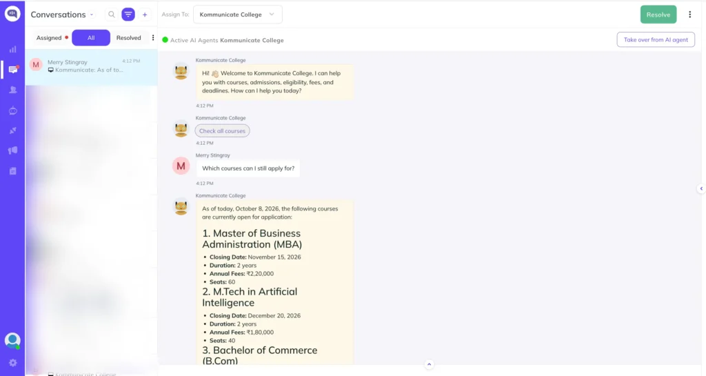 Conversation where the AI agent answers "Which courses can I still apply for?" using today's date] Alt text: Kommunicate conversation where an education AI agent answers which courses are still open for application, starting its reply with today's date and listing closing dates for each course.