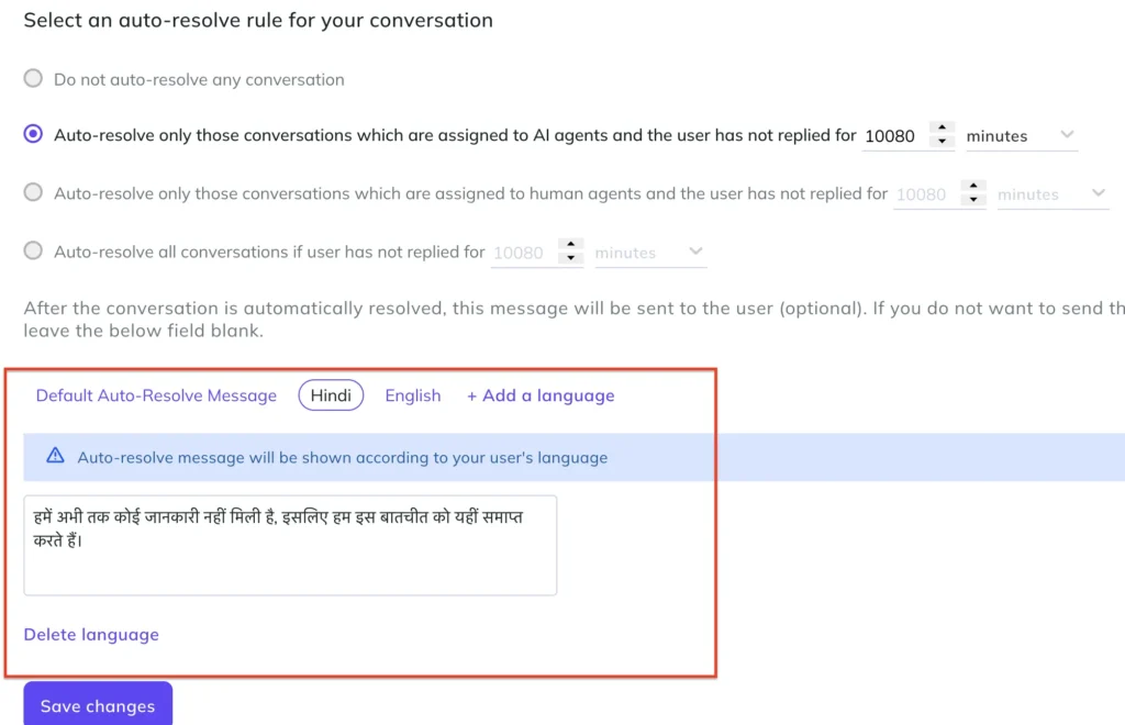Auto-resolve settings with Hindi and English message tabs highlighted] Alt text: Kommunicate auto-resolve settings showing a default auto-resolve message with Hindi and English language tabs and an Add a language option.