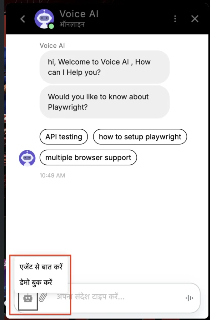 Chat widget showing quick reply buttons in Hindi] Alt text: Kommunicate chat widget displaying quick reply buttons in Hindi for speaking with an agent and booking a demo, based on the user's browser language.