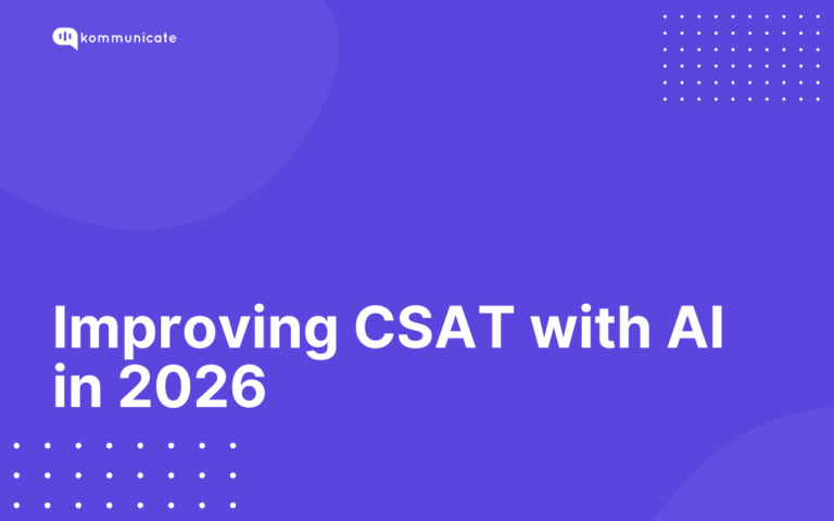Kommunicate presentation cover slide with the title “Improving CSAT with AI in 2026” on a purple background.