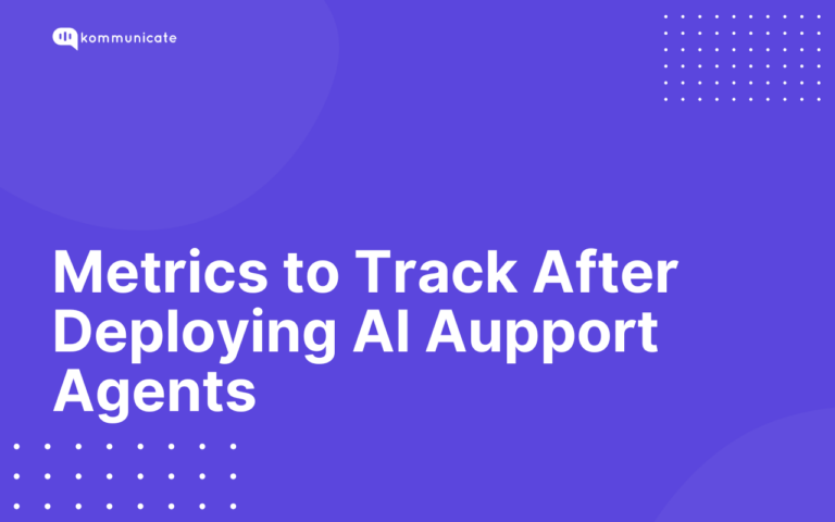 Kommunicate blog cover titled “Metrics to Track After Deploying AI Support Agents” on a purple background with white text and dotted decorative patterns.