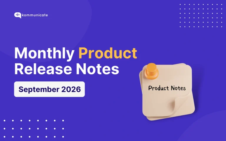 Kommunicate monthly product release notes cover for September 2026, with a pinned note illustration on a purple background.