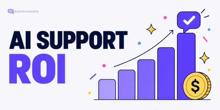 Rising bar chart topped by a chat bubble with a checkmark and a dollar coin, illustrating the ROI of AI customer support