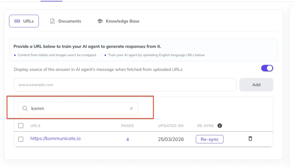 URLs tab with the search bar highlighted] Alt text: Kommunicate URLs knowledge source tab with a search bar filtering the list of trained URLs, showing page count, last updated date, and a Re-sync button.