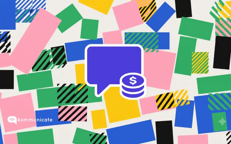 Flat 2D illustration of a deep indigo chat bubble with a stack of coins bearing a dollar sign attached to its bottom corner, centered against a colorful mosaic background of scattered solid and striped rectangular blocks in blue, pink, green, yellow, and black on a light cream background, with the Kommunicate logo in the bottom left corner, symbolizing the cost of building, buying, and running a chatbot.