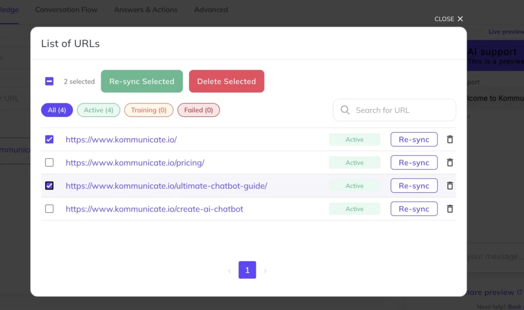 "List of URLs" modal with two URLs selected and the Re-sync Selected button] Alt text: Kommunicate knowledge base List of URLs modal with two URLs selected, showing Re-sync Selected and Delete Selected buttons and status filters for Active, Training, and Failed URLs.